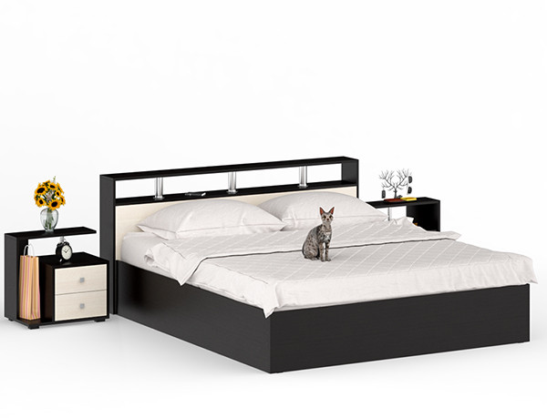 Камелия Кровать 1800 + две тумбы, цвет венге/дуб лоредо, ШхГхВ 296х217х78,2 см., сп.м. 1800х2000 мм., без матраса, основание есть