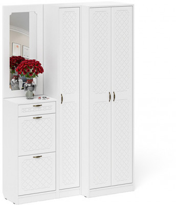 Прихожая П-6 Компоновка № 29, цвет белая шагрень/фасады МДФ белое дерево фрезеровка ромб, ШхГхВ 140х50х210 см., универсальная сборка