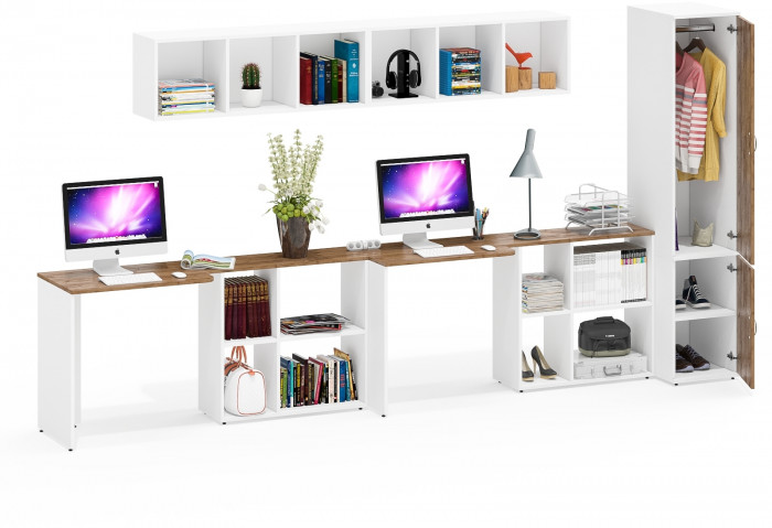 Лидер-8 Стол + Полка + Стол + Полка + Пенал МД 23Б, белый шагрень/крафт золото