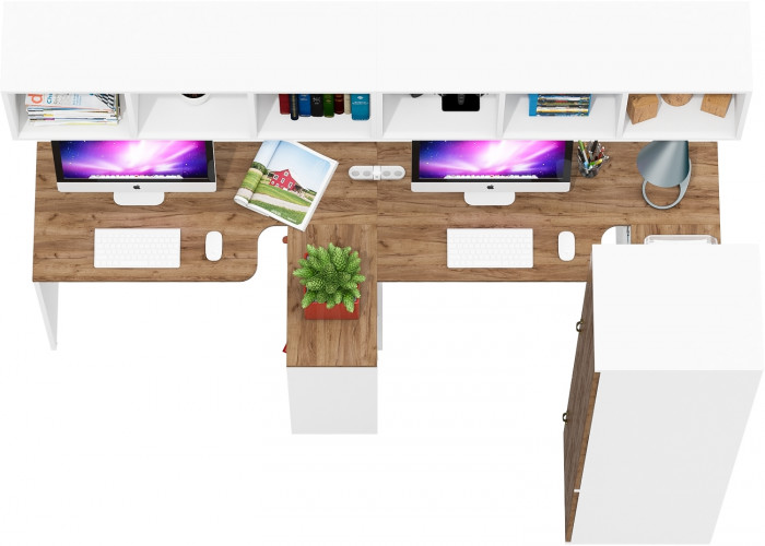 Лидер-8 Стол + Полка + Стол + Полка + Пенал МД 23Б, белый шагрень/крафт золото