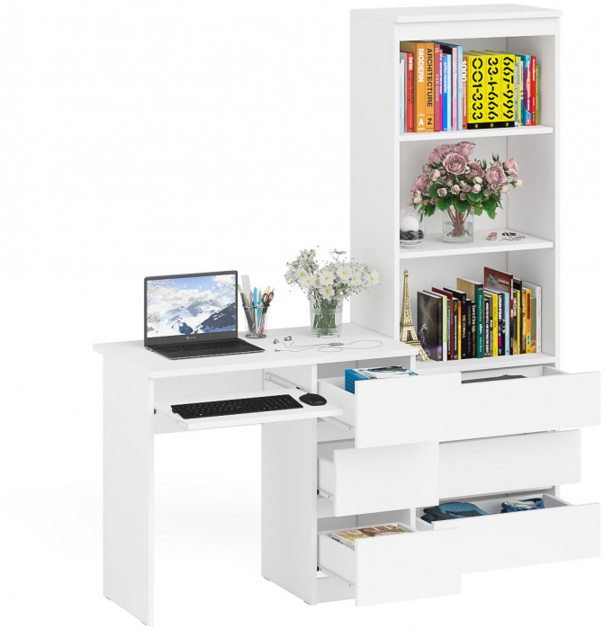 Мори компьютерный стол МС-6 правый + Стеллаж МСТ600.3, белый