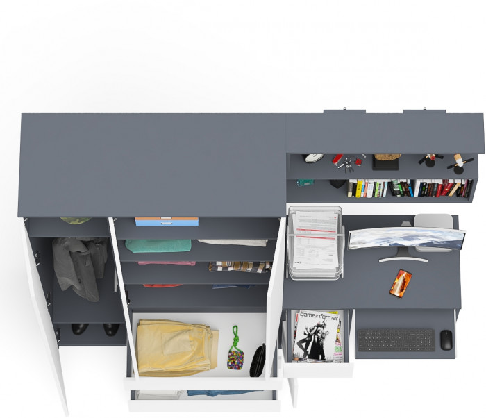 Мори Стол компьютерный МС-1 левый + Шкаф МШ1200.1 + Полка 900, цвет графит/белый, ШхГхВ 210,4х50,4х209,6 см., НЕ универсальная сборка