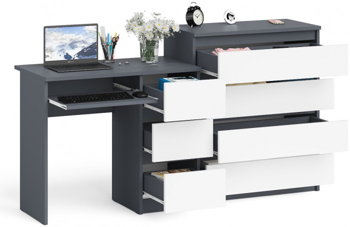Мори Стол компьютерный МС-6 правый + Комод МК800.4, цвет графит/белый, ШхГхВ 170,4х50х94 см., выдвижные ящики справа, НЕ универсальная сборка