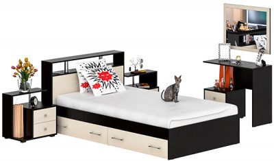 Камелия спальня № 13 Кровать с ящиками 1200 + Две тумбы + Стол косметич. + Зеркало, венге/дуб лоредо