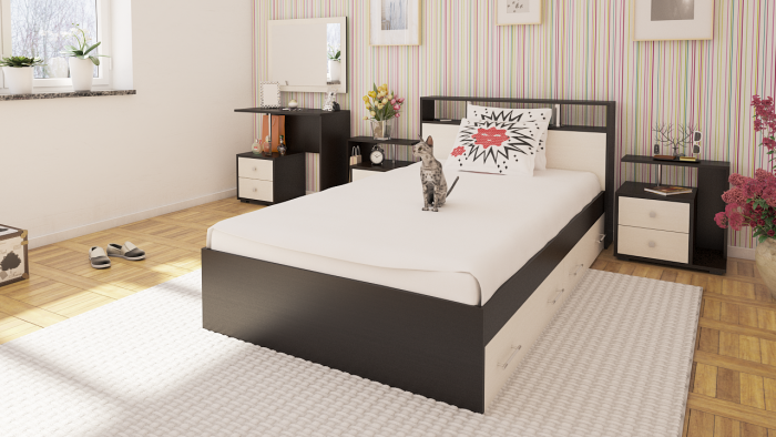 Камелия спальня № 13 Кровать с ящиками 1200 + Две тумбы + Стол косметич. + Зеркало, венге/дуб лоредо