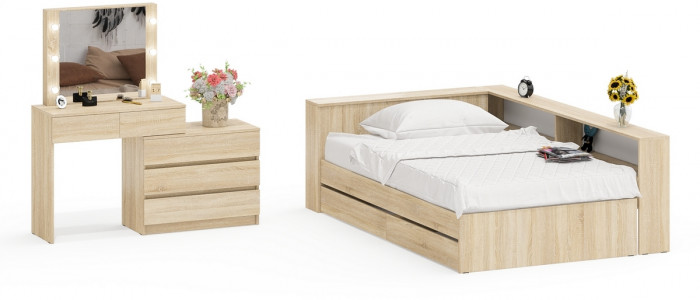 Ксения Кровать с ящиками 1200 + прикроватный блок + Столик с подсветкой 110, дуб сонома