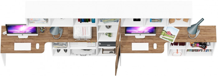 Лидер-8 Стол + Полка + Стол + Полка + Пенал, белый шагрень/крафт золото