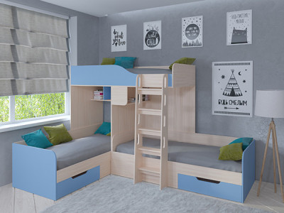 Кровать двухъярусная Трио Дуб молочный/Голубой