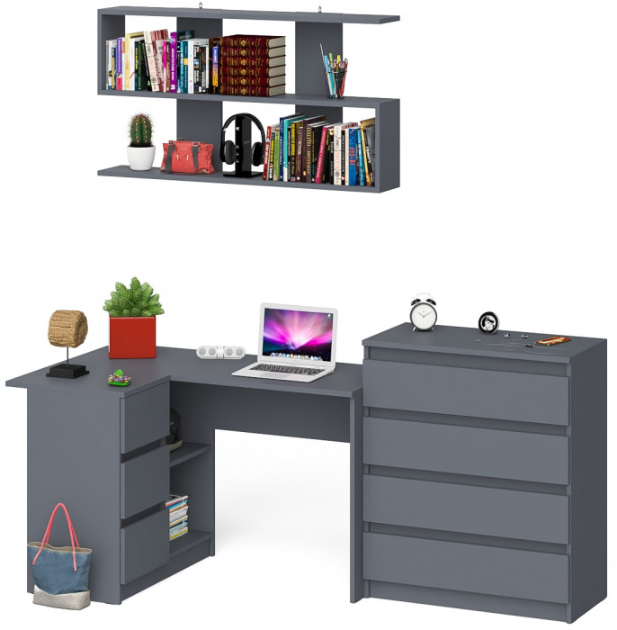 Мори компьютерный стол МС-16 левый + Комод МК800.4 + Полка 1200, графит