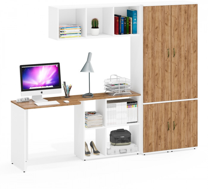 Лидер-8 Стол + Полка + Пенал МД 22Б + Пенал МД 22Б, цвет белый шагрень/крафт золото, ШхГхВ 245х50/37,5х75/190 или 115х160/50х75/190 см., НЕ ун. сб.