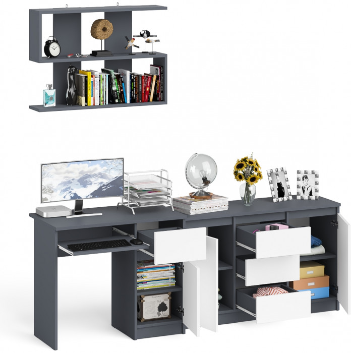 Мори компьютерный стол МС-1 правый + Комод МК1200.3 + Полка 900, графит/белый