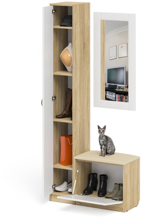 Прихожая П-6 Компоновка № 20, дуб сонома/фасады МДФ белое дерево фрезеровка прованс