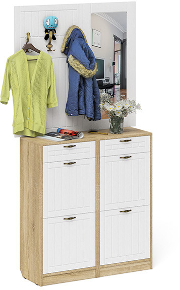 Прихожая П-6 Компоновка № 05, цвет дуб сонома/фасады МДФ белое дерево фрезеровка прованс, ШхГхВ 110х35х200 см.