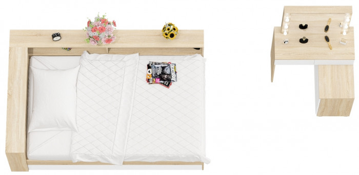 Ксения Кровать с ящиками 1200 + прикроватный блок + Столик с подсветкой 110, дуб сонома/белый