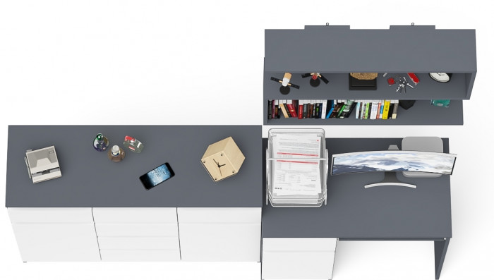 Мори компьютерный стол МС-1 левый + Комод МК1200.4 + Полка 900, графит/белый