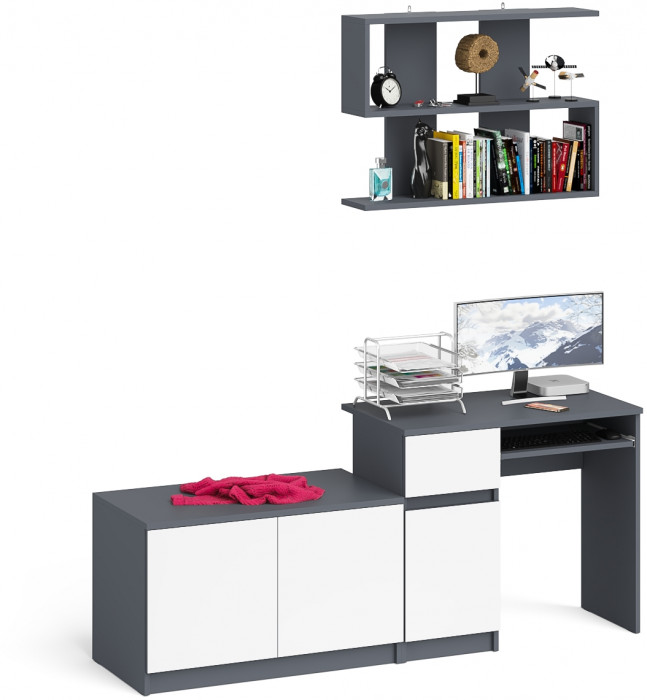 Мори компьютерный стол МС-1 левый + Тумба МА900.1 + Полка 900, графит/белый