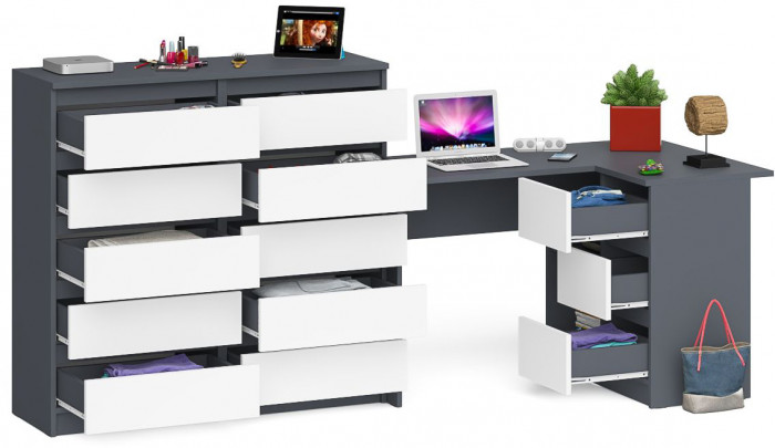 Мори компьютерный стол МС-16 правый + Комод МК1200.10, графит/белый