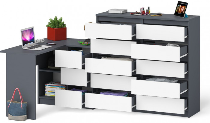 Мори компьютерный стол МС-16 правый + Комод МК1200.10, графит/белый