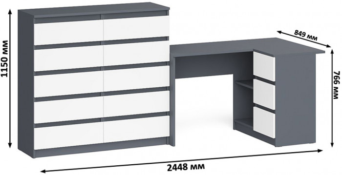 Мори компьютерный стол МС-16 правый + Комод МК1200.10, графит/белый