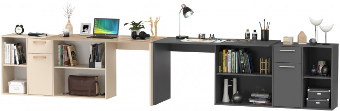 Два Стола письменных Лайт 03.245, цвет сатин/дуб эндгрейн элегантный/тёмно-серый, ШхГхВ 342,9х136х75,2 см.(угл.) или 407,2х68х75,2 см.(пр.), ун. сб.