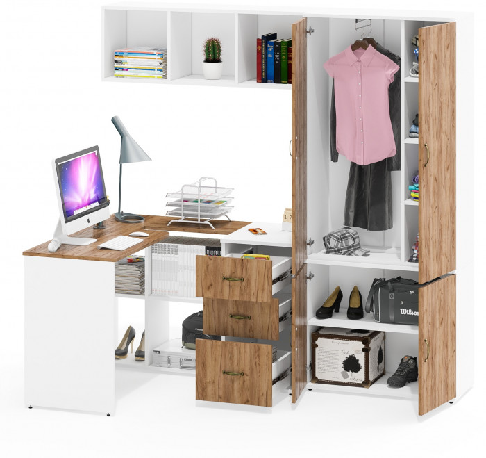 Лидер-8 Стол + Полка + Тумба МД 3.16 + Шкаф МД 20Б, цвет белый шагрень/крафт золото, ШхГхВ 285х50/37,5х75/190 или 115х200/50х75/190 см., НЕ ун. сб.