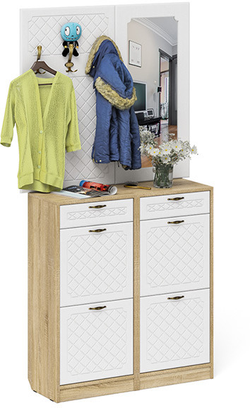 Прихожая П-6 Компоновка № 05, цвет дуб сонома/фасады МДФ белое дерево фрезеровка ромб, ШхГхВ 110х35х200 см.