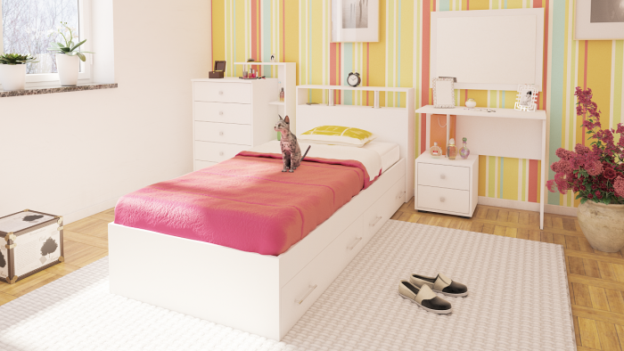 Камелия спальня № 14 Кровать с ящиками 900 + Стол косметический + Зеркало + Комод, белый