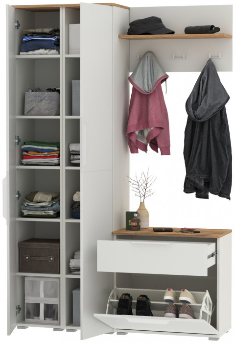 Октава Прихожая 18, белый шагрень/дуб крафт золотой/фасады МДФ белый шагрень