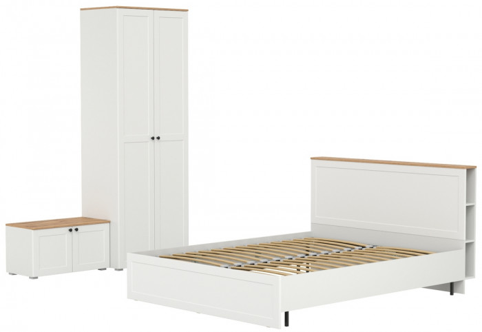Остин 11.53 Кровать + ортопед + 13.224 Шкаф + 13.257 Тумба, белый шагрень/дуб крафт золотой