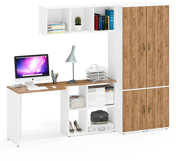 Лидер-8 Стол + Полка + Пенал МД 23Б + Пенал МД 23Б, цвет белый шагрень/крафт золото, ШхГхВ 245х50х75/190 или 115х160/50х75/190 см., НЕ ун. сборка