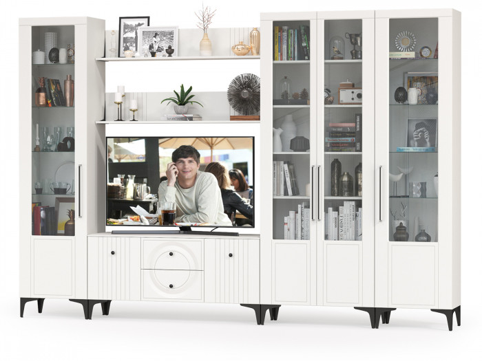 Валенсия Гостиная № 070, цвет ЛДСП белый шагрень/МДФ белый шагрень, ШхГхВ 327,2х38,3х225,2 см., ниша для ТВ 133х38х117 см., универсальная сборка