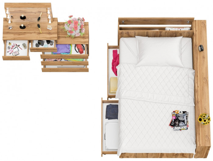 Ксения Кровать с ящиками 1200 + прикроватный блок + Столик с подсветкой 110, дуб вотан