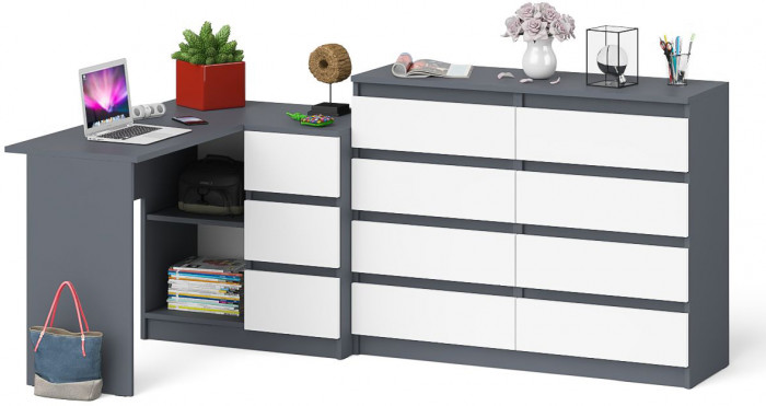 Мори компьютерный стол МС-16 правый + Комод МК1200.8, графит/белый