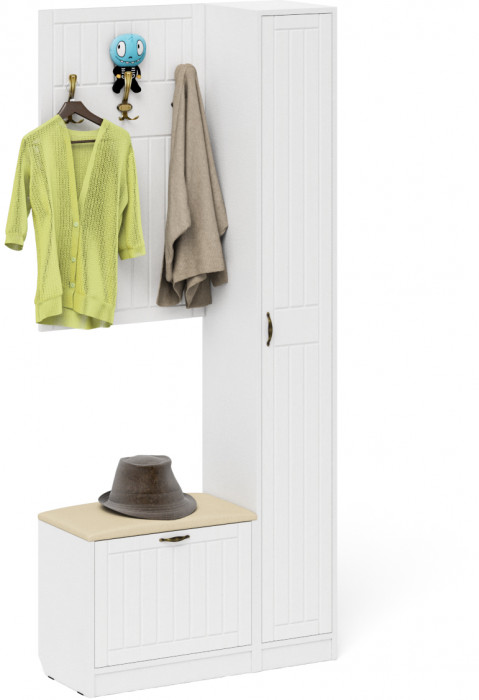 Прихожая П-6 Компоновка № 21, белая шагрень/фасады МДФ белое дерево фрезеровка прованс