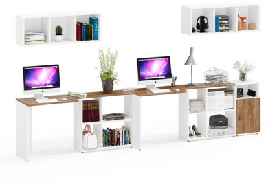 Лидер-8 Стол + Полка + Стол + Полка + Тумба МД 3.19, белый шагрень/крафт золото