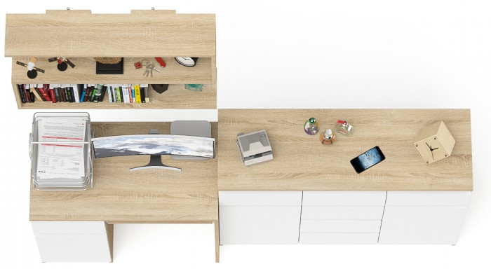 Мори компьютерный стол МС-1 левый + Комод МК1200.4 + Полка 900, дуб сонома/белый