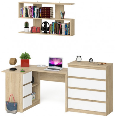 Мори компьютерный стол МС-16 левый + Комод МК800.4 + Полка 1200, дуб сонома/белый