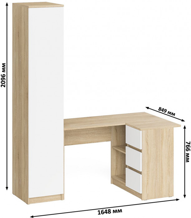 Мори компьютерный стол МС-16 правый + Пенал МШ400.1, дуб сонома/белый