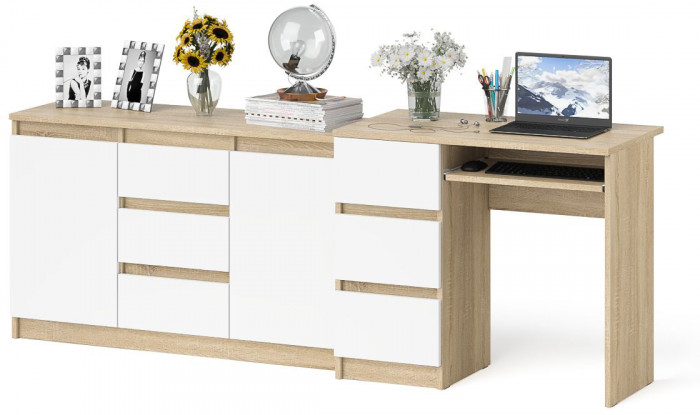 Мори компьютерный стол МС-6 левый + Комод МК1200.3, дуб сонома/белый
