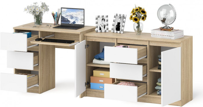 Мори компьютерный стол МС-6 левый + Комод МК1200.3, дуб сонома/белый
