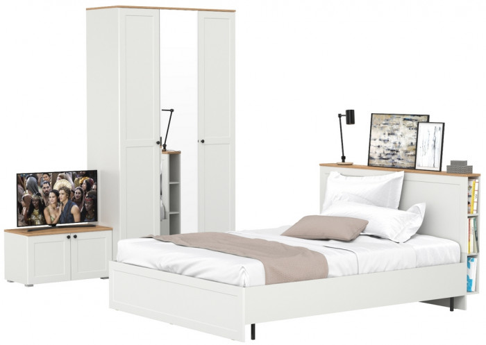 Остин 11.53 Кровать + ортопед + 13.336.03 Шкаф для одежды + 13.257 Тумба, белый шагрень/дуб крафт золотой