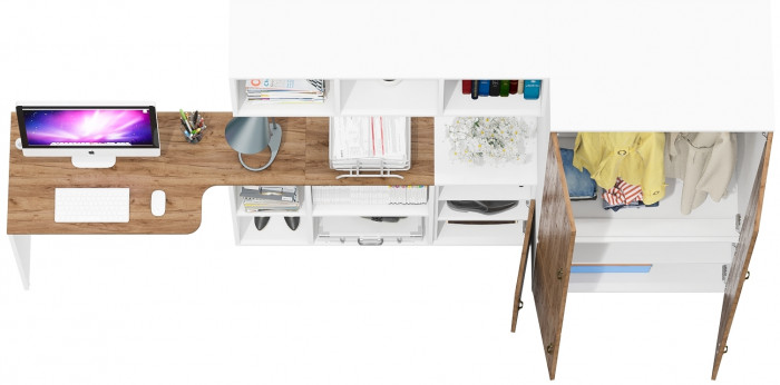 Лидер-8 Стол + Полка + Тумба МД 3.19 + Шкаф МД 19Б, цвет белый шагрень/крафт золото, ШхГхВ 285х50/50х75/190 или 200х115/50х75/190 см., НЕ ун. сб.