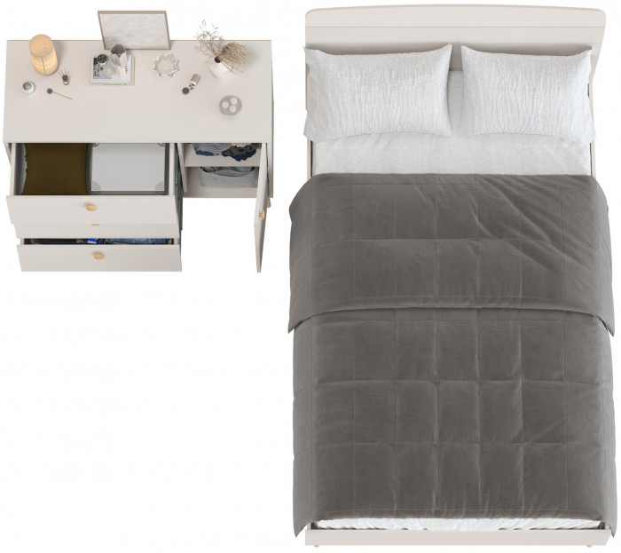 Афина Спальня Кровать 1200 + Комод, цвет кашемир серый, ШхГхВ 123,6х210,2х95,7 + 110х45,3х83 см., сп.м. 1200х2000 мм., б/м, основание есть