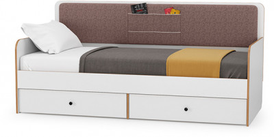 Вуди 11.02 Кровать цвет белый премиум/дуб крафт золотой/саванна латте, ШхГхВ 209,2х94,4х96,5 см, 900х2000 мм, б/м, осн. есть, матрас высотой до 200 мм