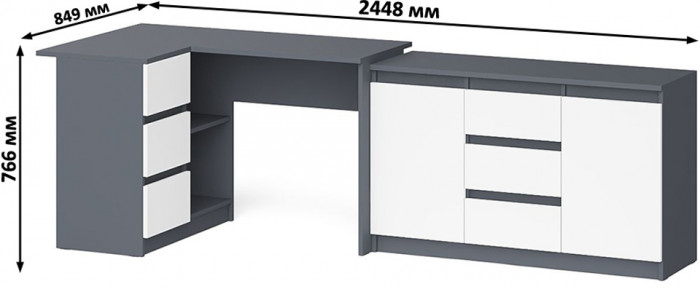 Мори компьютерный стол МС-16 левый + Комод МК1200.3, графит/белый
