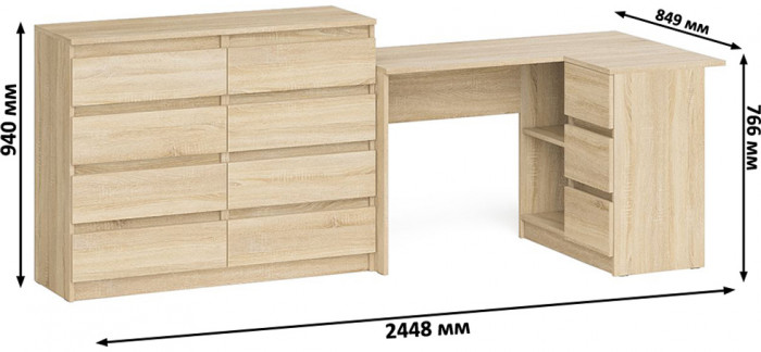 Мори компьютерный стол МС-16 правый + Комод МК1200.8, дуб сонома