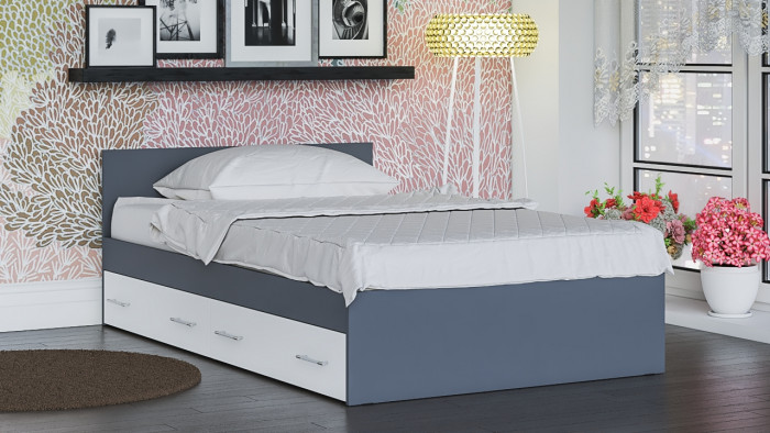 Мори Кровать с ящиками 1200, цвет графит/белый, ШхГхВ 123,5х203,5х70 см., сп.м. 1200х2000 мм., без матраса, основание есть