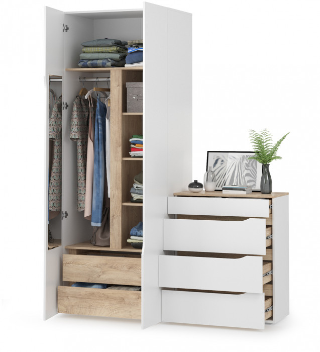 Муссон 13.198 Шкаф двухстворчатый + 13.97 Комод, цвет белый/дуб эндгрейн элегантный, ШхГхВ 164,6х52,3х229,8 см., НЕ универсальная сборка