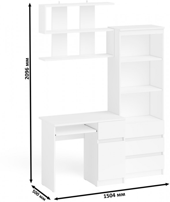 Мори компьютерный стол МС-1 правый + Стеллаж МСТ600.3 + Полка 900, белый