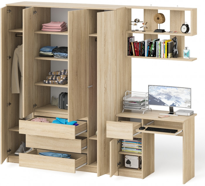 Мори Стол компьютерный МС-1 левый + Шкаф МШ1600.1 + Полка 900, цвет дуб сонома, ШхГхВ 250,4х50,4х209,6 см., НЕ универсальная сборка
